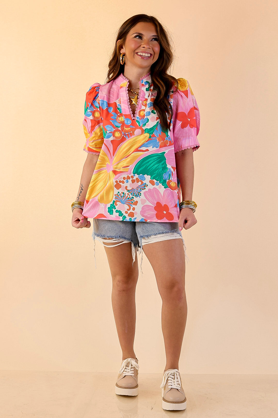 Spring Awakening Floral Print Puff Sleeve Top with Split Neckline in Pink Multi