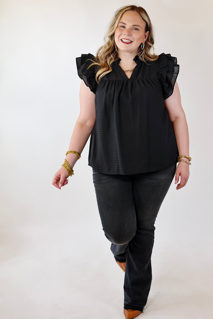 Perfectly Fabulous Ruffle Cap Sleeve Top in Black - Giddy Up Glamour Boutique
