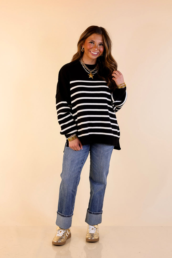 Snug and Stylish Mock Neck Striped Sweater with Side Slit in Black with Ivory Stripes