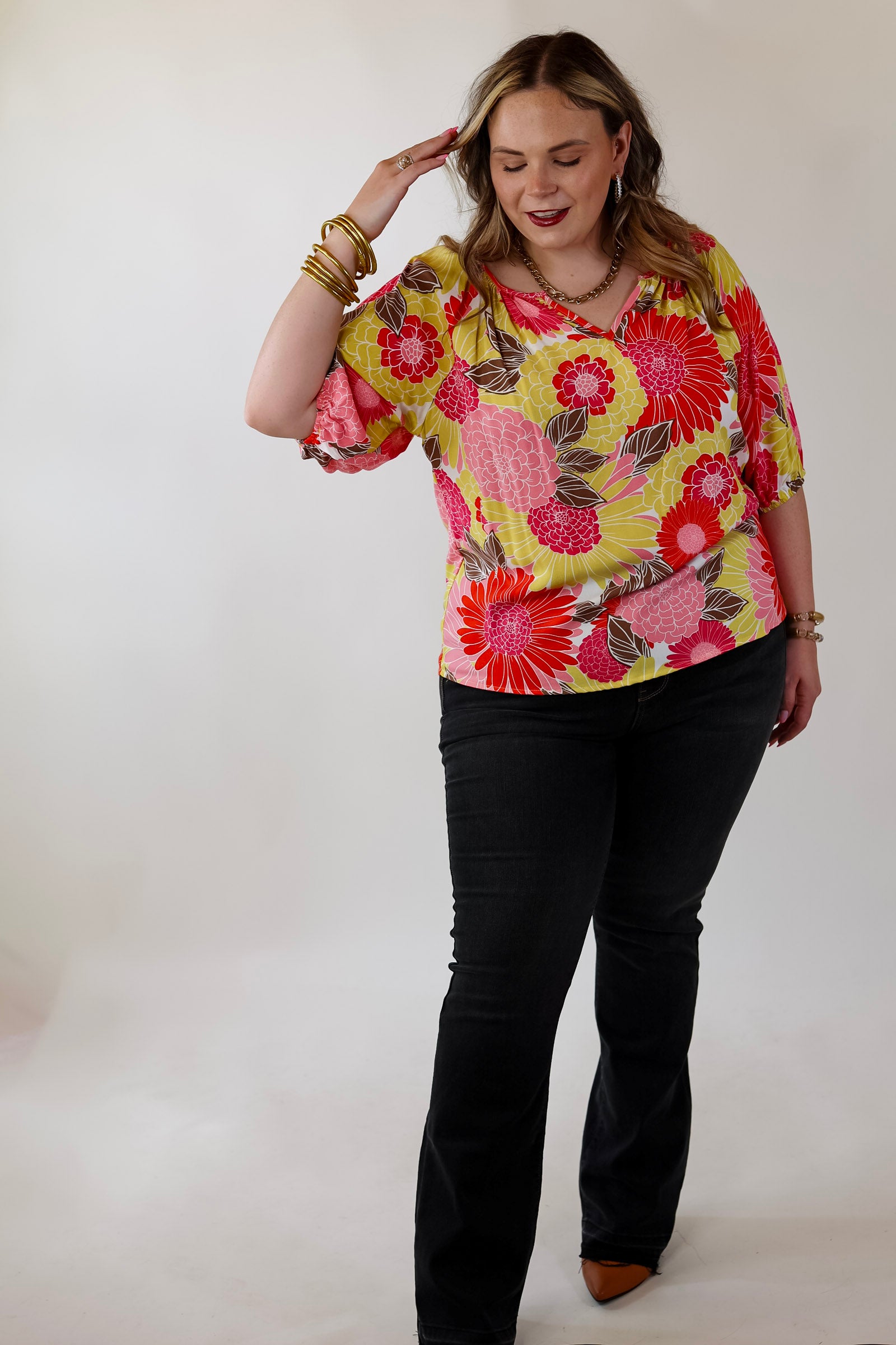 The Loveliest Day Multi Color Floral V Neck Top in Yellow - Giddy Up Glamour Boutique