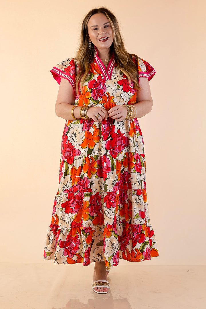 Spring Symphony Floral Print Tiered Midi Dress with Flutter Sleeves in Pink and Orange