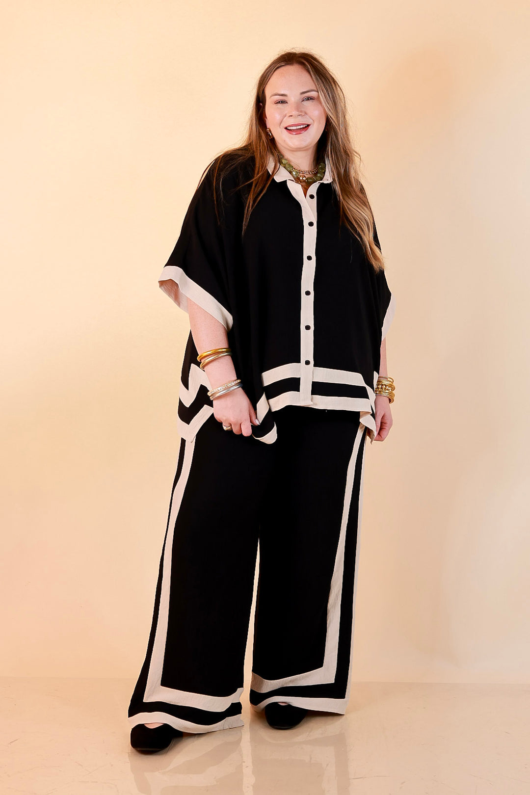 First Class Chic Button Front Collared Top with Matching Wide Leg Pants Set in Black and Ivory