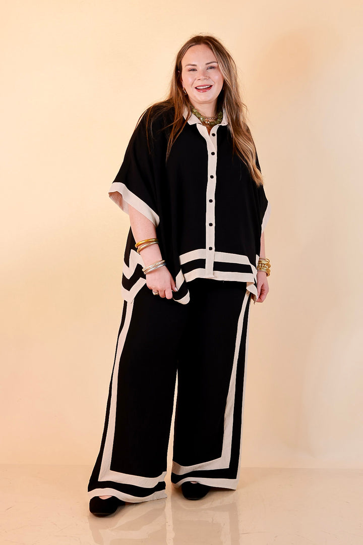 First Class Chic Button Front Collared Top with Matching Wide Leg Pants Set in Black and Ivory