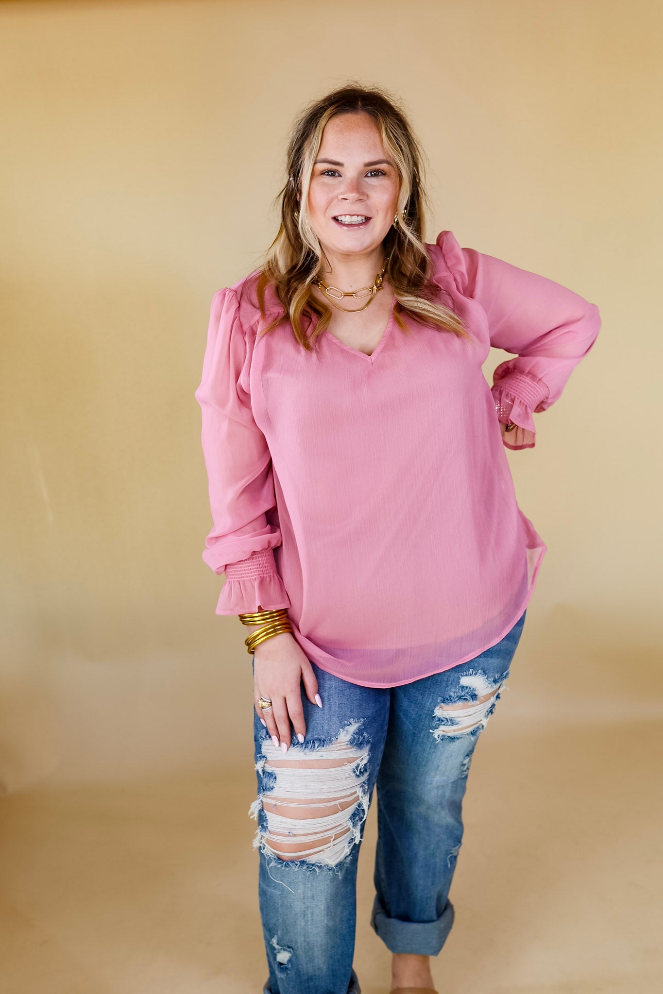 Casually Stunning V Neck Long Sleeve Blouse in Mauve Pink - Giddy Up Glamour Boutique