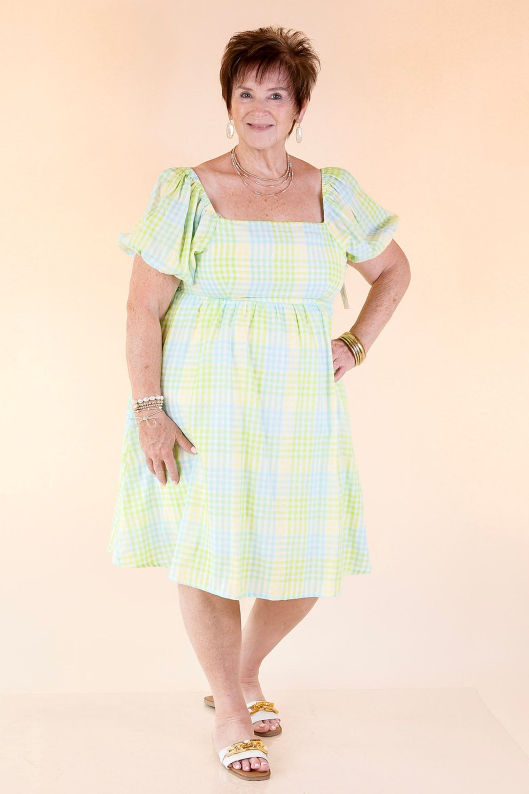 Spring Serenity Plaid Dress with Balloon Sleeves in Green Mix