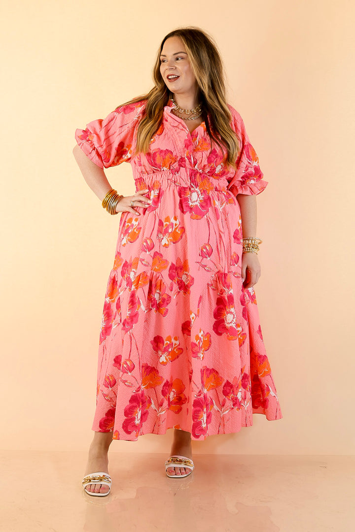 Breezy Belle Floral Print Textured Puff Sleeve Midi Dress with Smocked Waist in Pink Mix