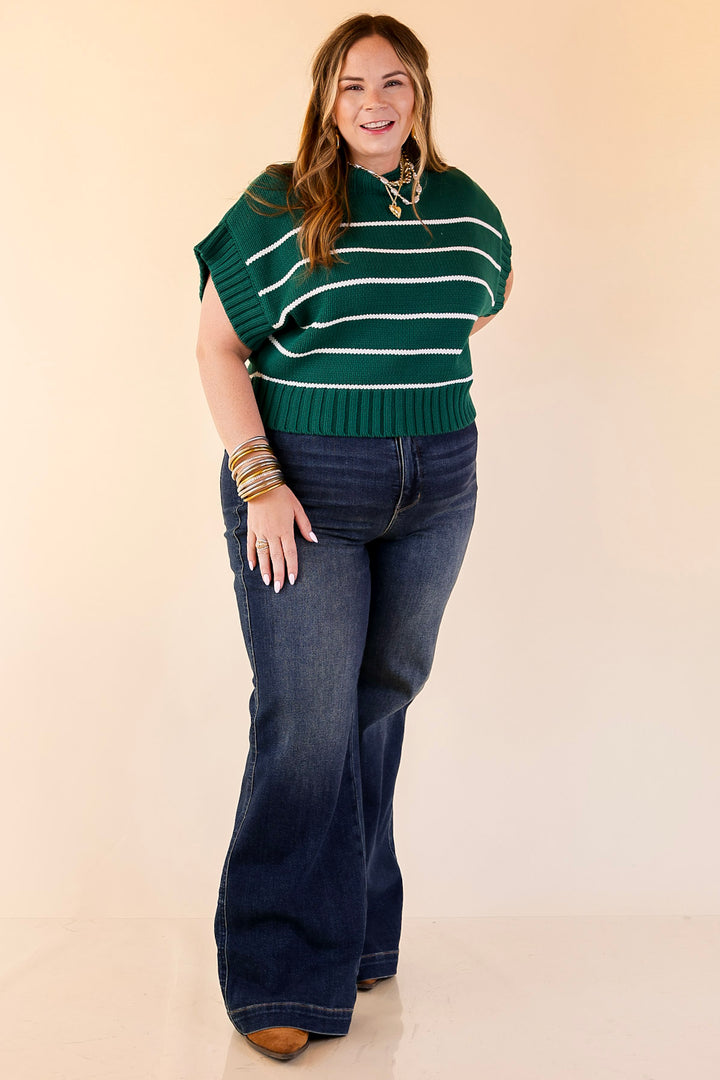 Sweet in Stripes Short Sleeve Striped Mock Neck Sweater in Forest Green