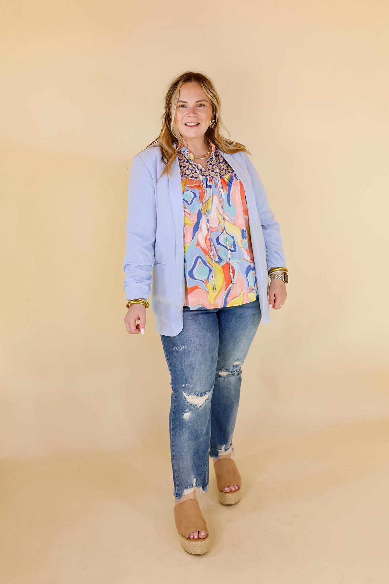 Promise Me Open Front Linen Blazer in Light Blue - Giddy Up Glamour Boutique