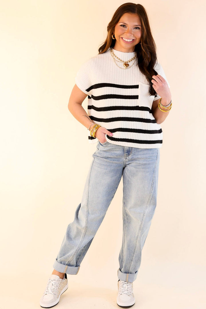 Repeat Worthy Striped Cap Sleeve Cropped Sweater with Front Pocket in Ivory