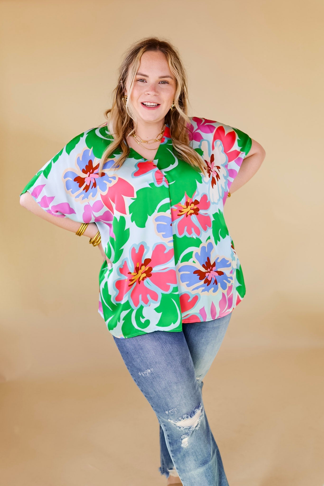 Weekend Out V Neck Placket Floral Short Sleeve Top in Light Blue Mix - Giddy Up Glamour Boutique
