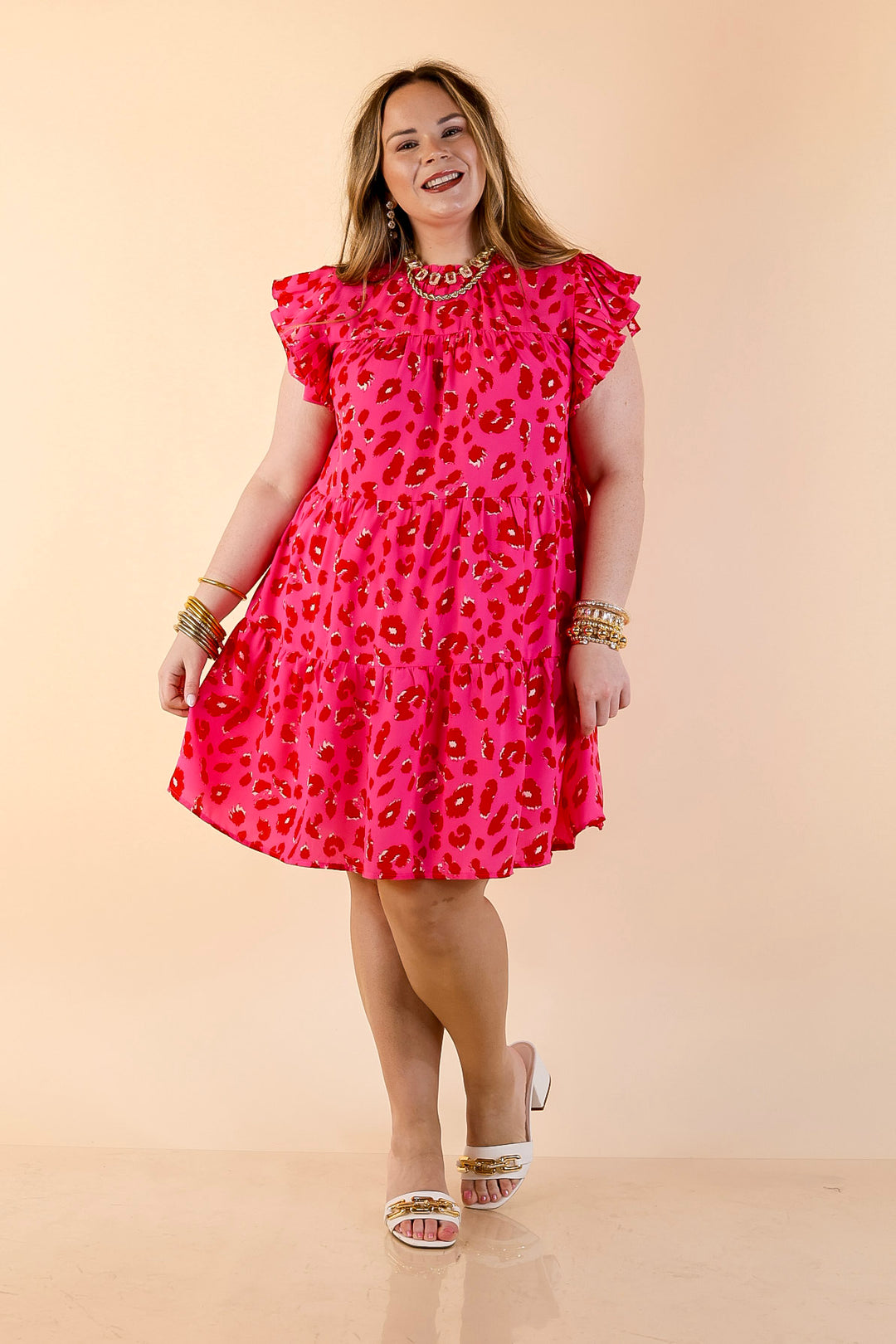 Daring and Delightful Leopard Print Dress with Ruffle Cap Sleeves in Pink and Red