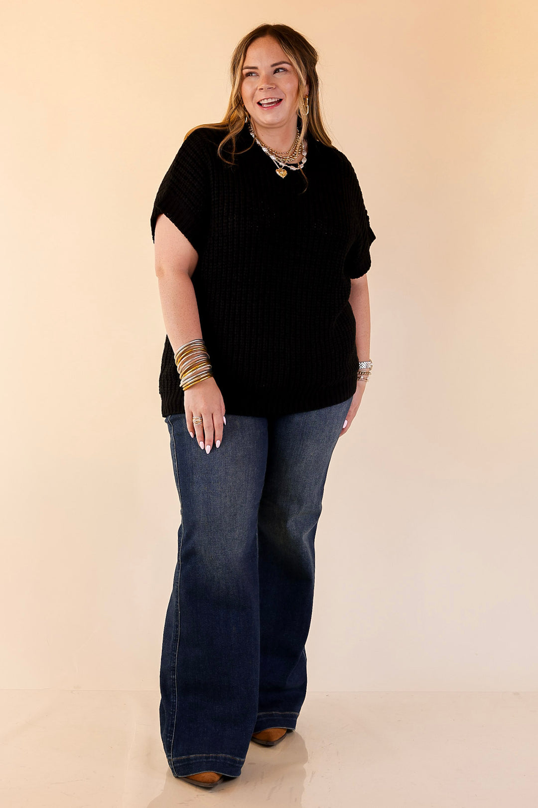 Tried and True Short Sleeve Oversized Knit Sweater in Black