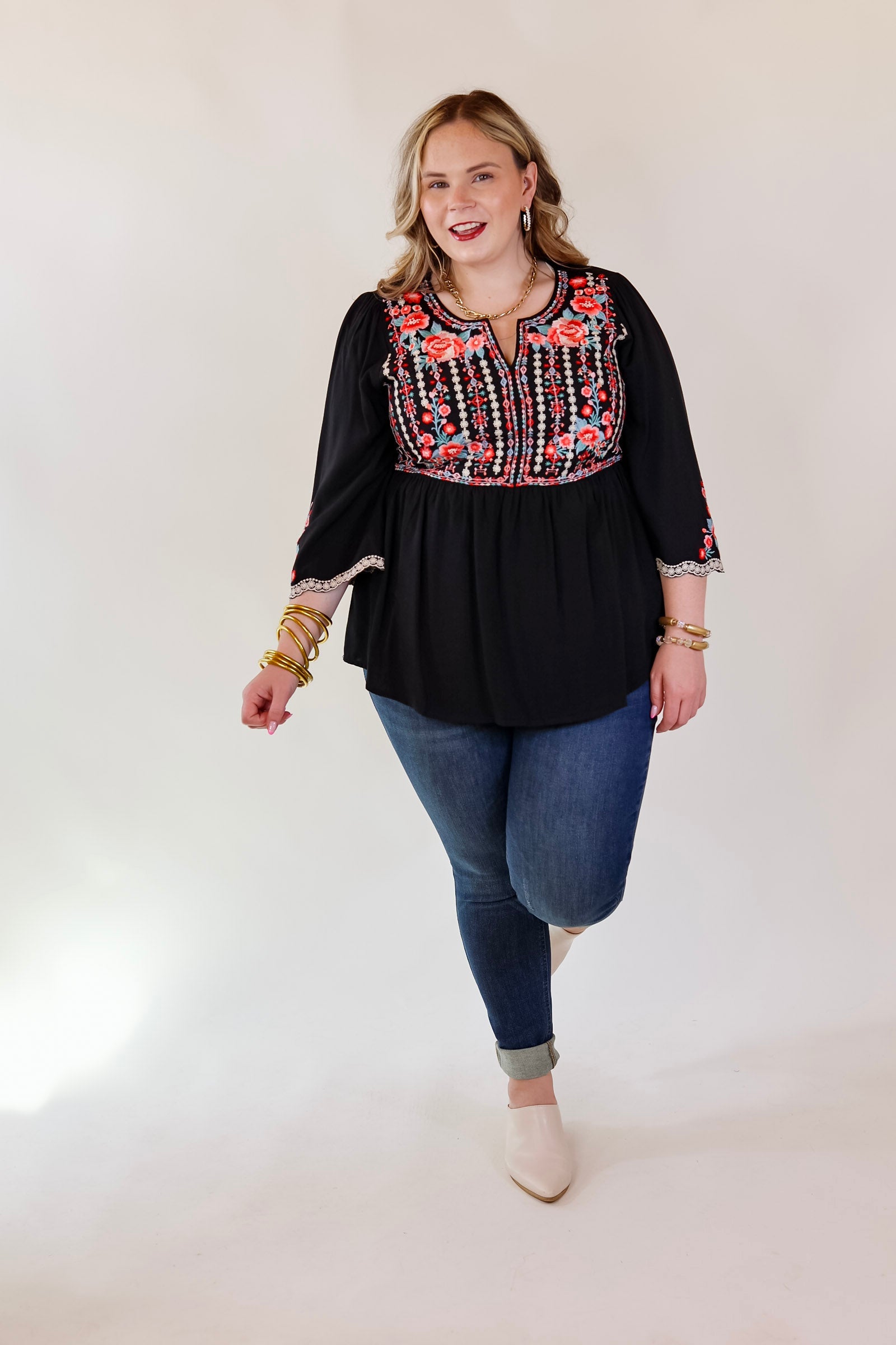 Already Mine 3/4 Bell Sleeve Embroidered Babydoll Top in Black - Giddy Up Glamour Boutique