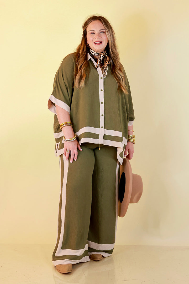 First Class Chic Button Front Collared Top with Matching Wide Leg Pants Set in Olive Green and Ivory