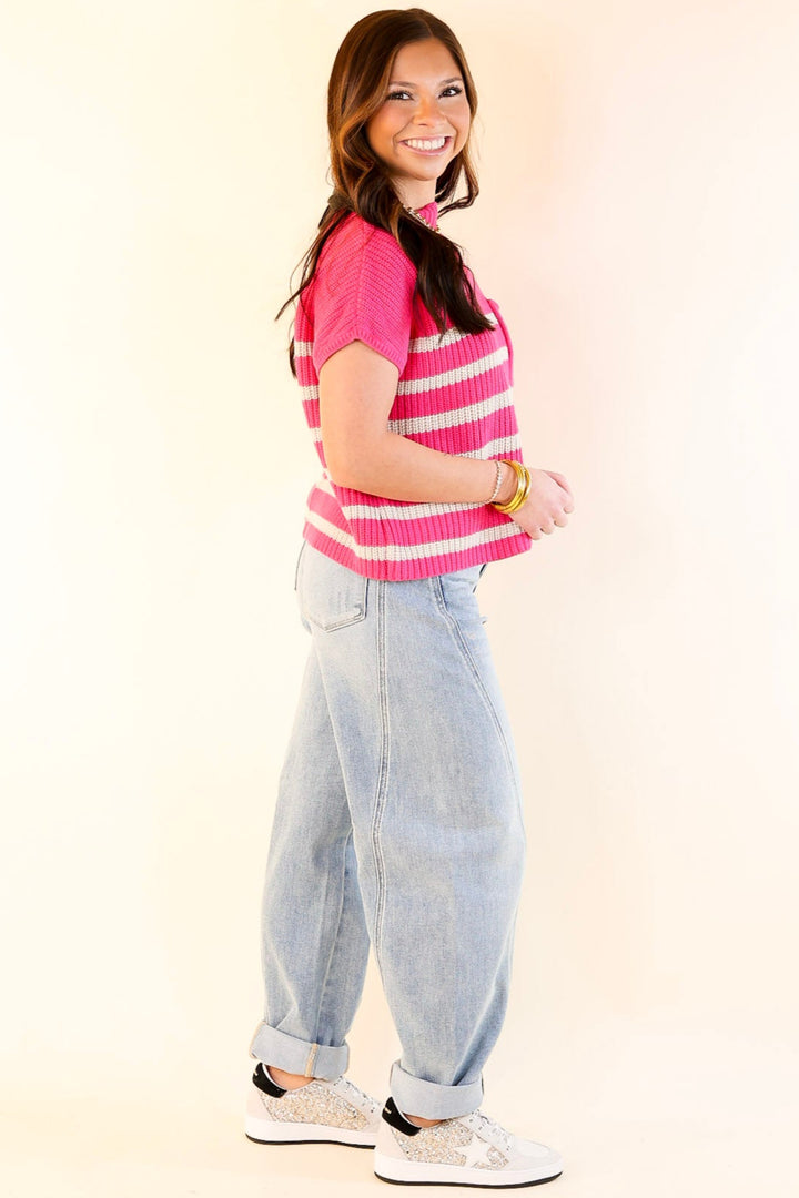 Repeat Worthy Striped Cap Sleeve Cropped Sweater with Front Pocket in Hot Pink