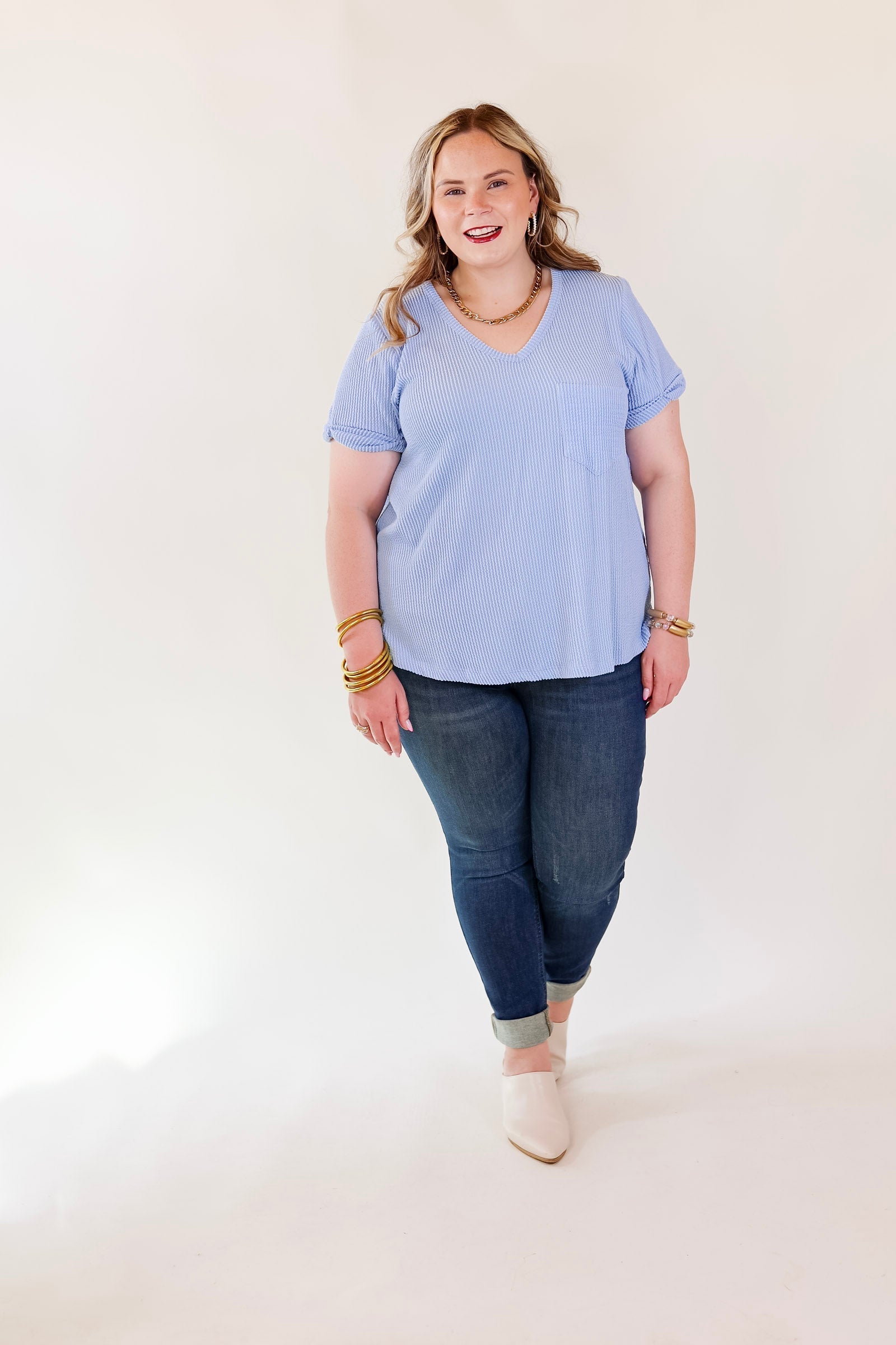 Only True Love Ribbed Short Sleeve Top with Front Pocket in Serenity Blue - Giddy Up Glamour Boutique