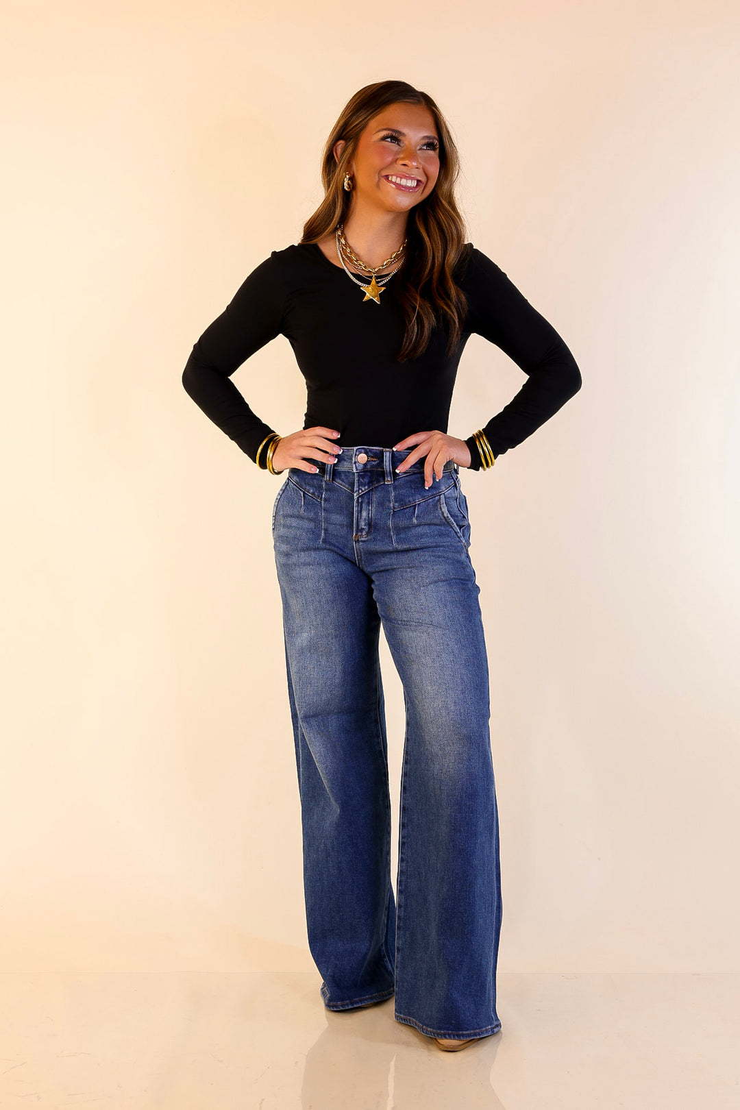 Risen | Rocky Mountain Retreat 90's Inspired Wide Leg Front Yoke Seam Detail Jeans in Dark Wash