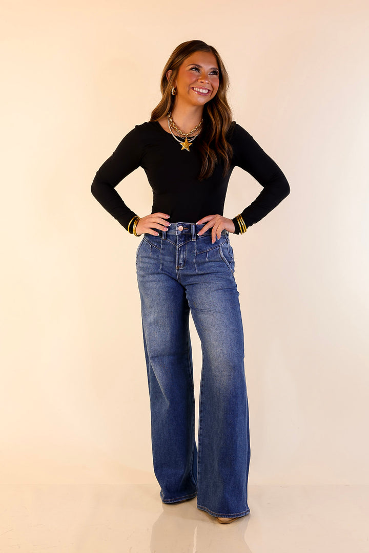 Risen | Rocky Mountain Retreat 90's Inspired Wide Leg Front Yoke Seam Detail Jeans in Dark Wash