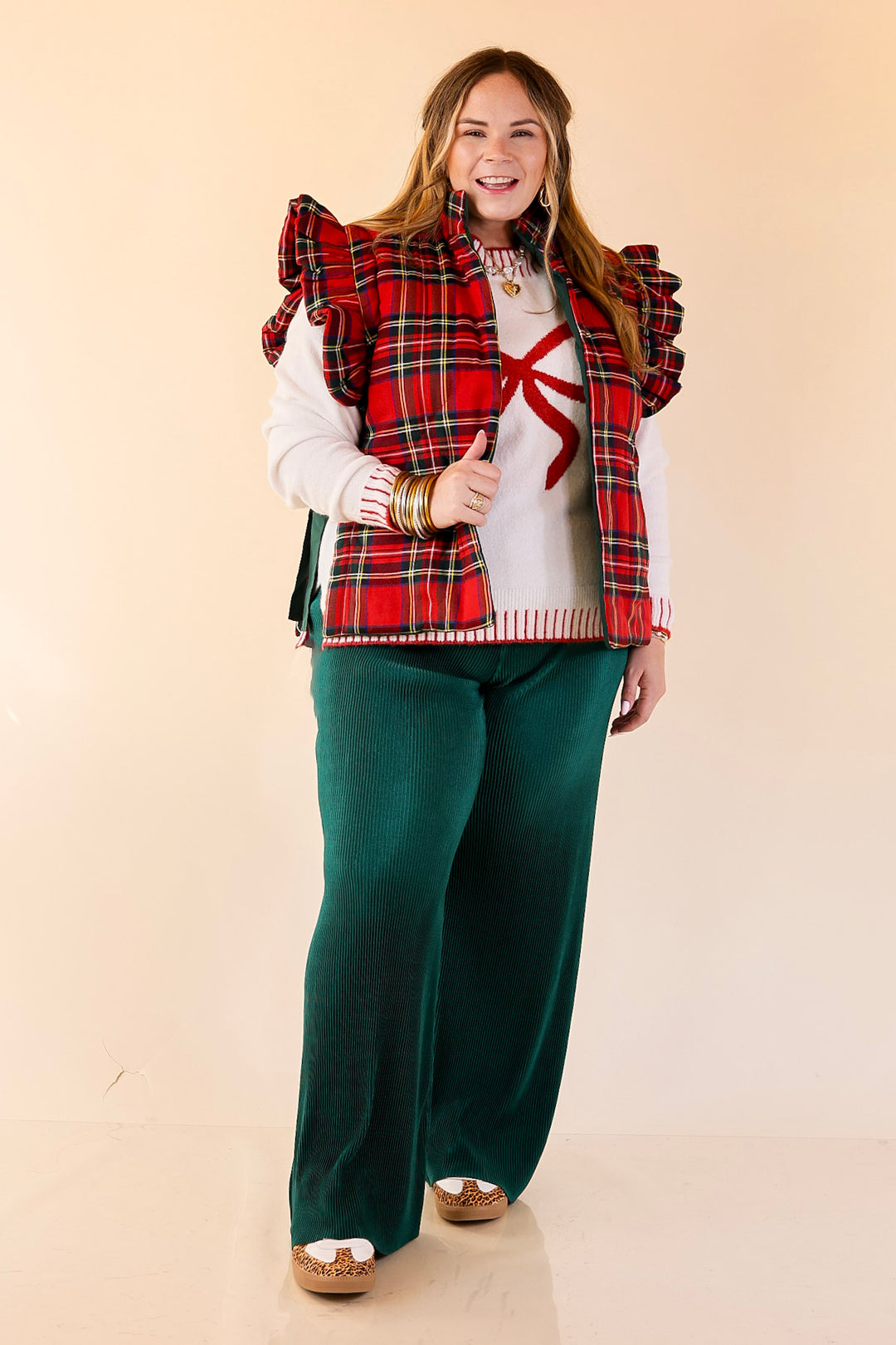 Mud Pie | Jefferies Quilted Plaid Reversible Vest with Ruffle Cap Sleeves and Bow Side Closure in Red