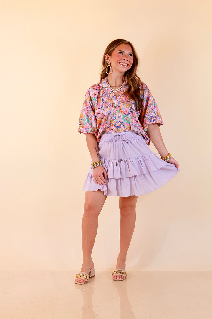 Vibrant Vibes Tiered Skort with Drawstring Waist in Lavender Purple