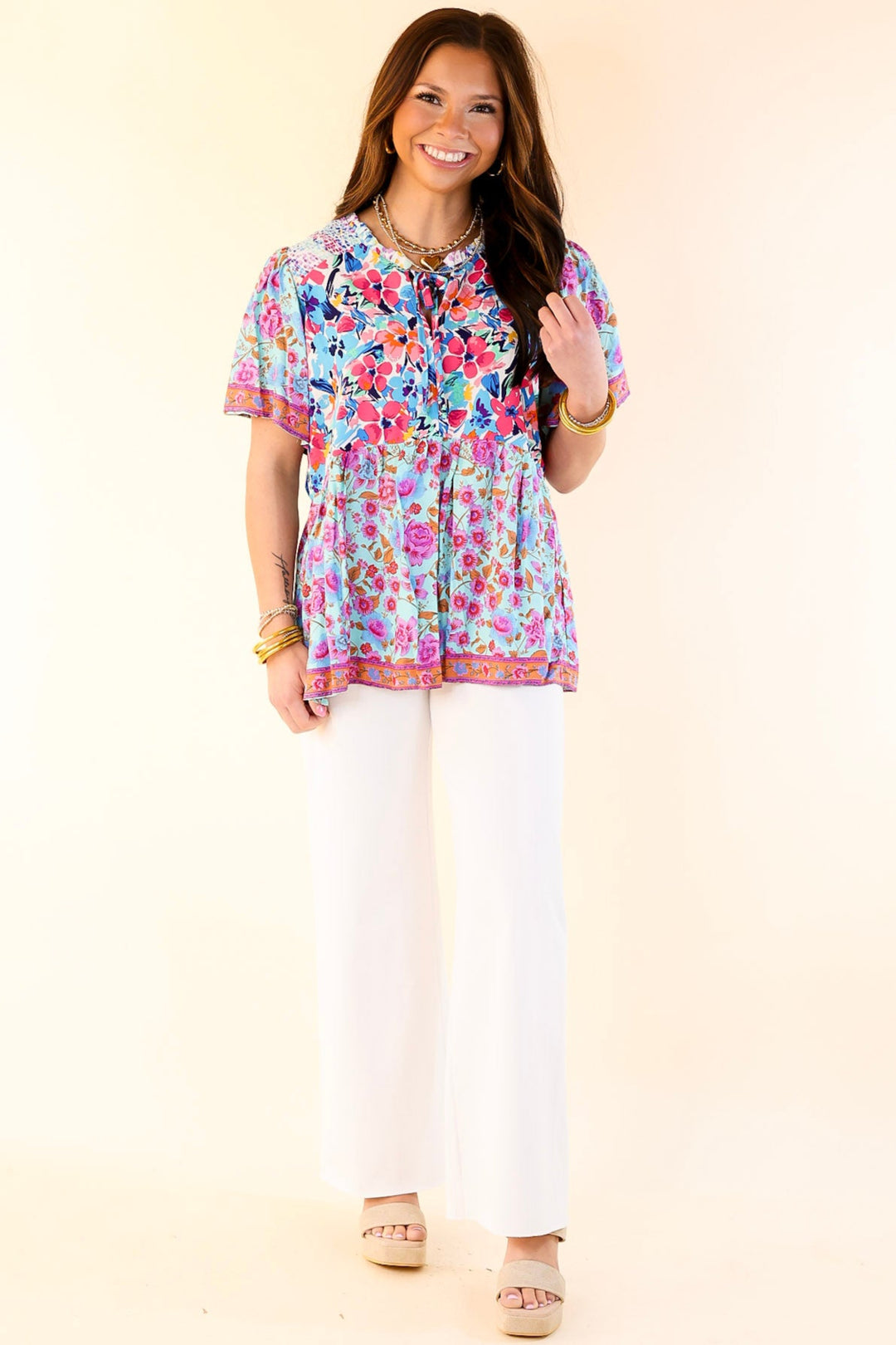 Tulip Fields Floral Print Babydoll Top in Mint Mix