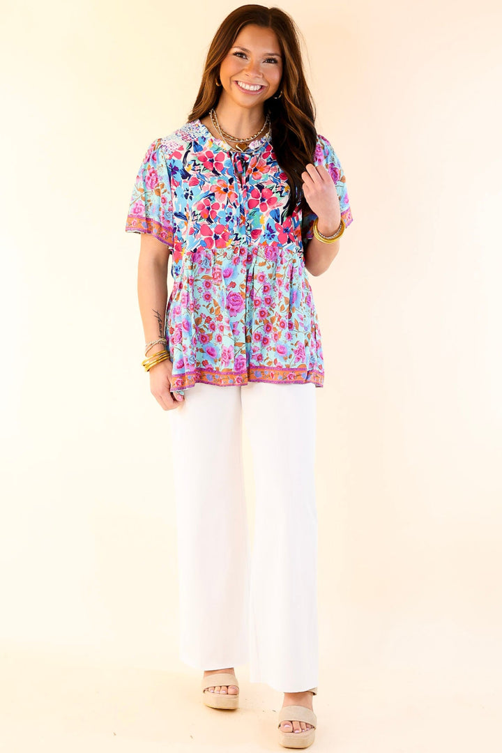 Tulip Fields Floral Print Babydoll Top in Mint Mix