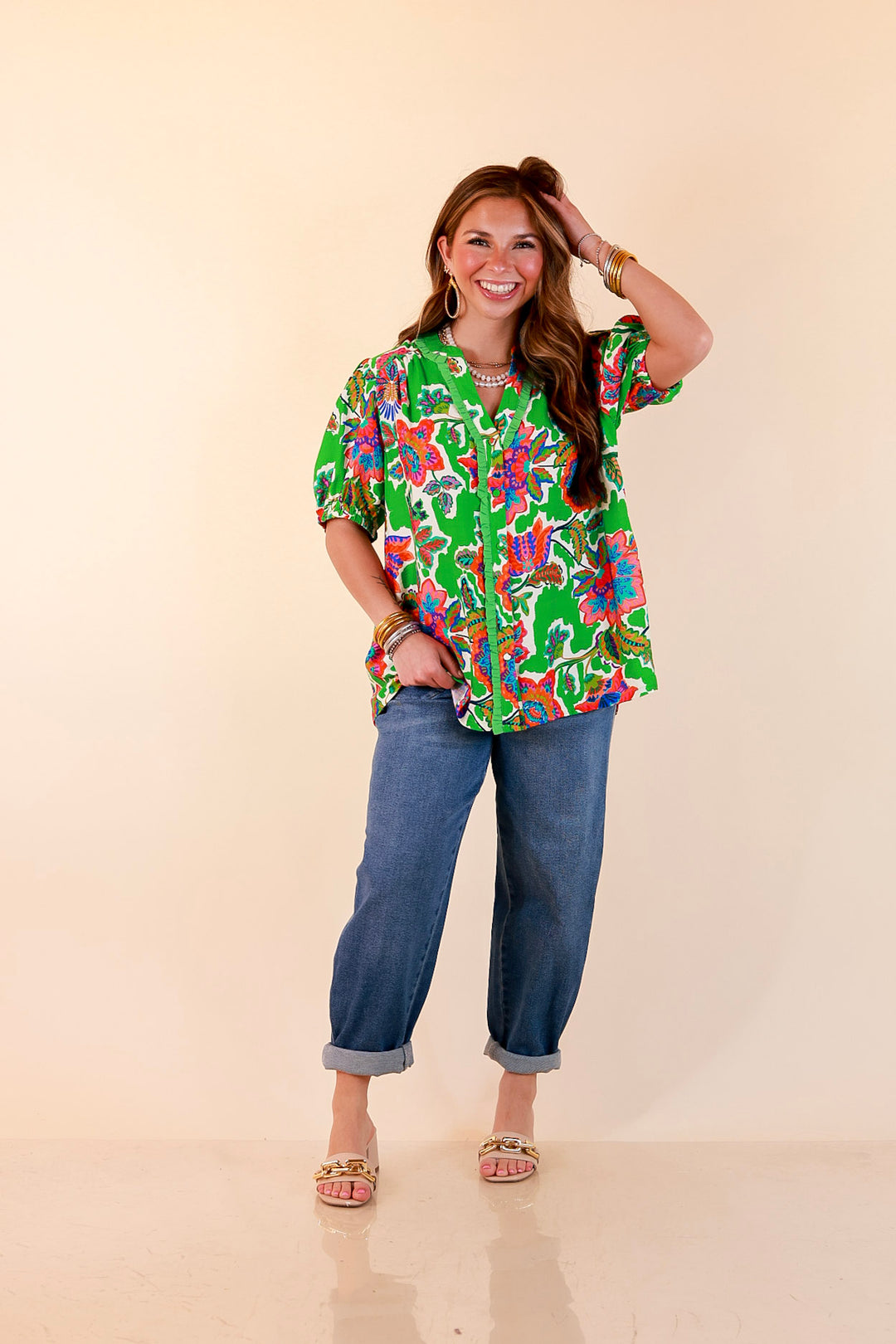 Petal Pop Floral Print Ruffle Front Button Up Top with Puff Sleeves in Green