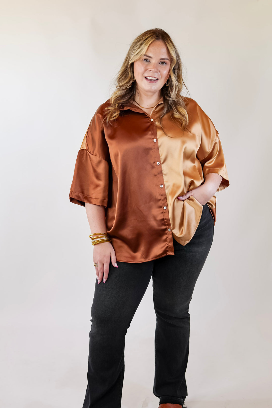 Meant To Be Happy Button Up Color Block Satin Top in Brown Mix - Giddy Up Glamour Boutique