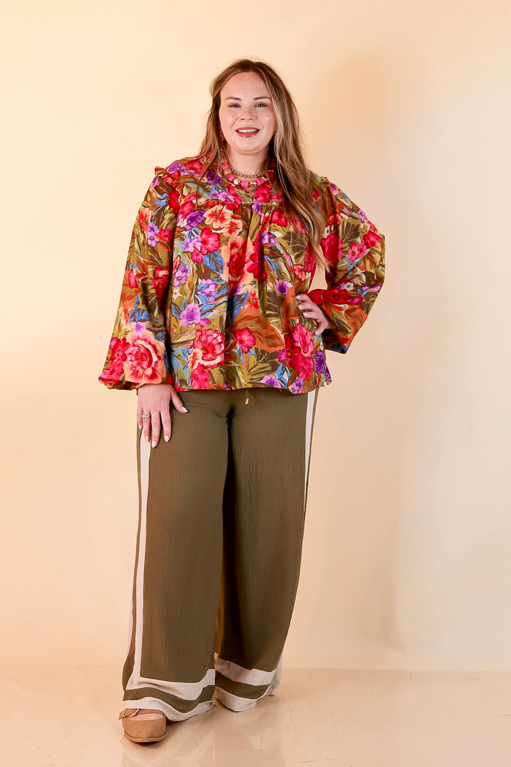 Garden Social Long Sleeve Ruffle Shoulder V-Neck Flowy Floral Print Blouse in Olive Green Multi