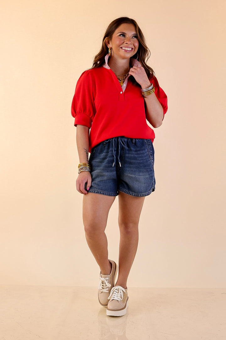 Sleek Sophistication Short Puff Sleeve Top with Striped Collar in Red