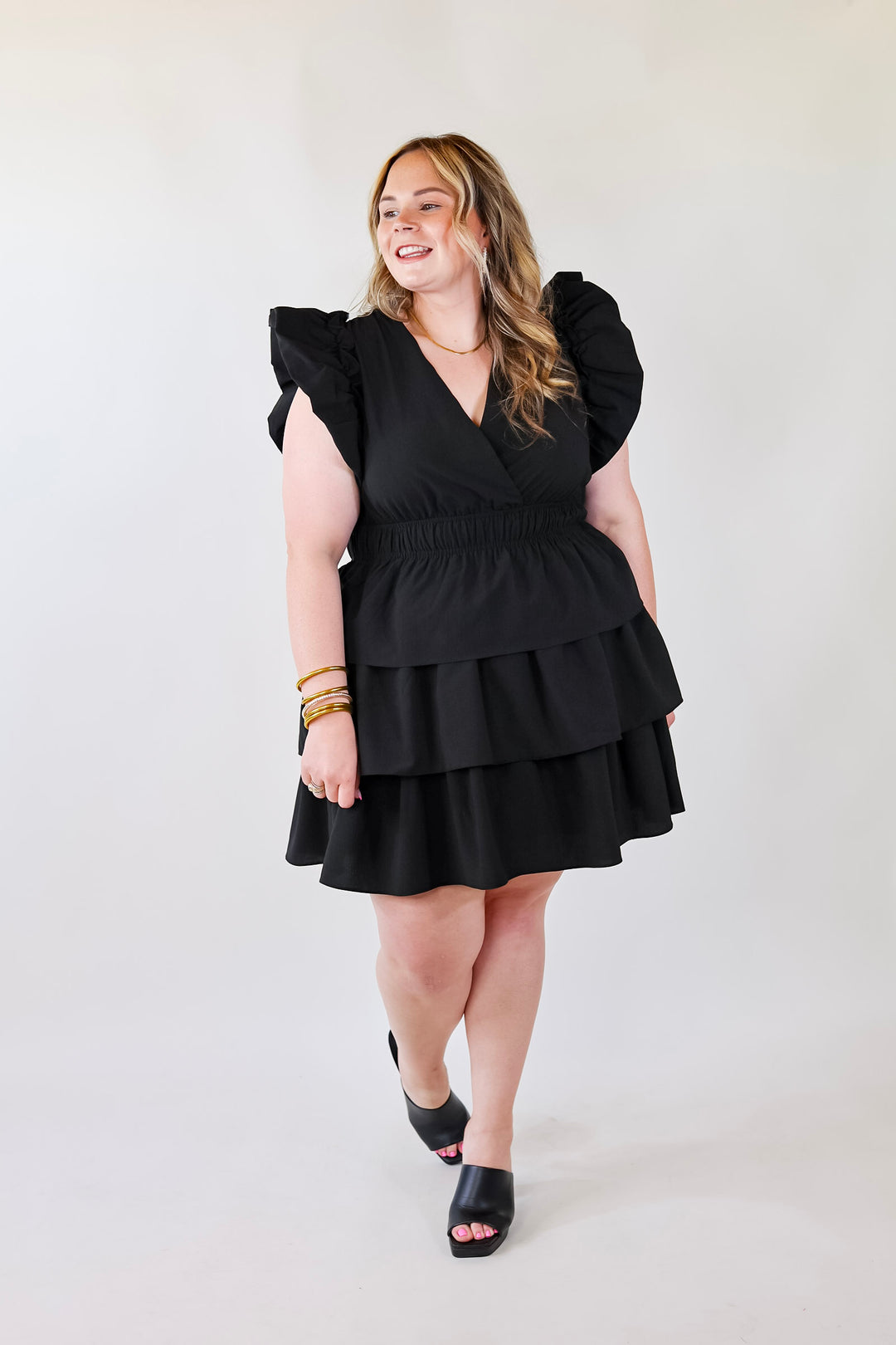 The Perfect Night Ruffle Cap Sleeve Dress in Black - Giddy Up Glamour Boutique