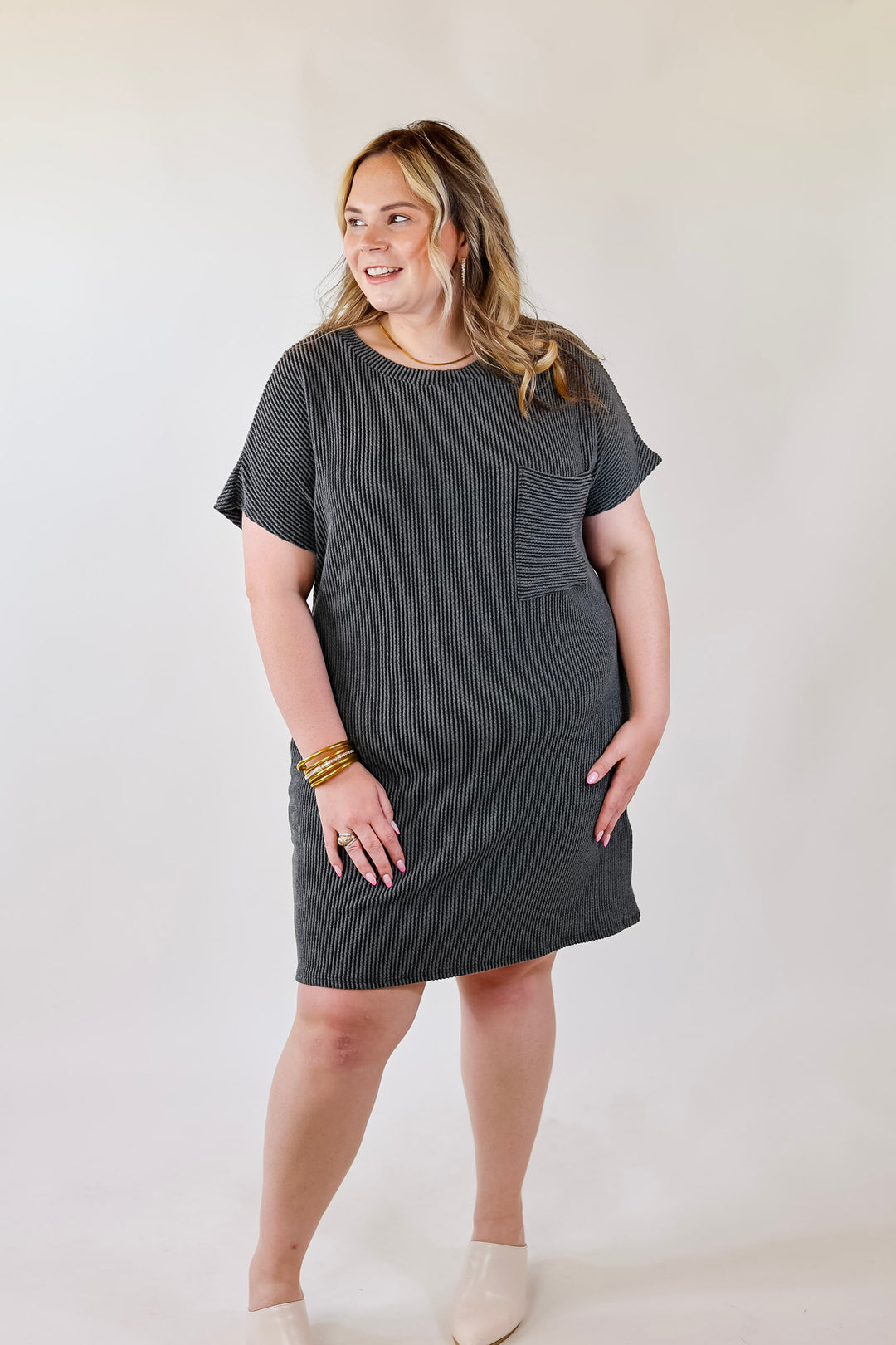 Coffee and Carefree Ribbed Short Sleeve Dress with Front Pocket in Charcoal - Giddy Up Glamour Boutique