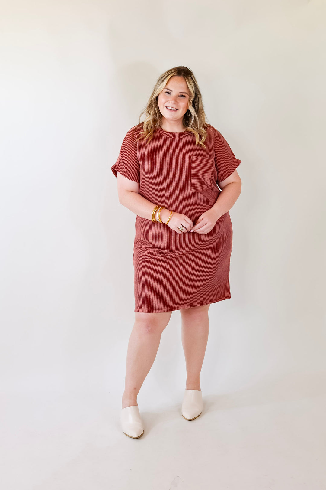 Coffee and Carefree Ribbed Short Sleeve Dress with Front Pocket in Rust Red - Giddy Up Glamour Boutique