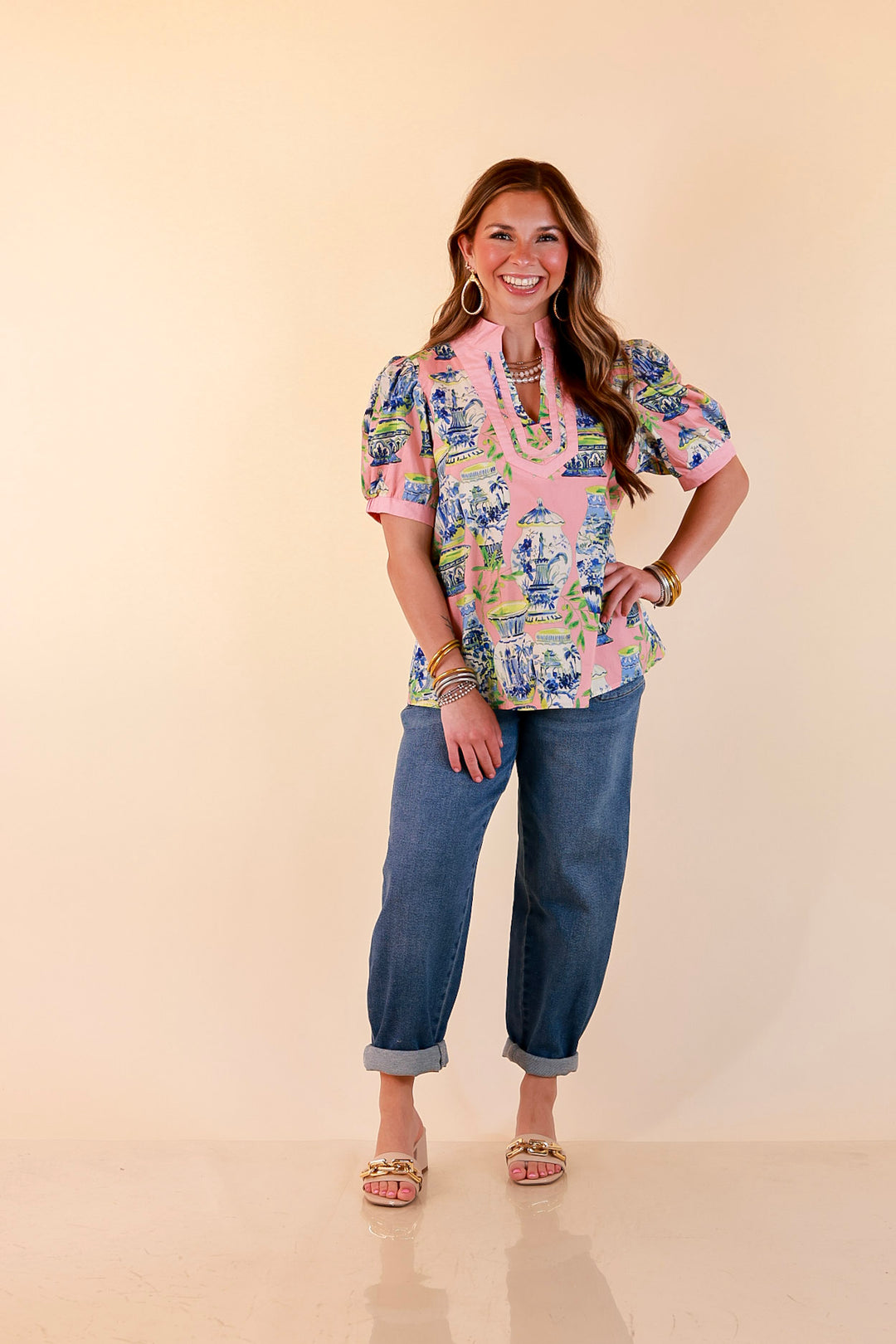 Coast is Clear Vase Print Contrast Trim Top with Puff Sleeves in Coral Pink Multi