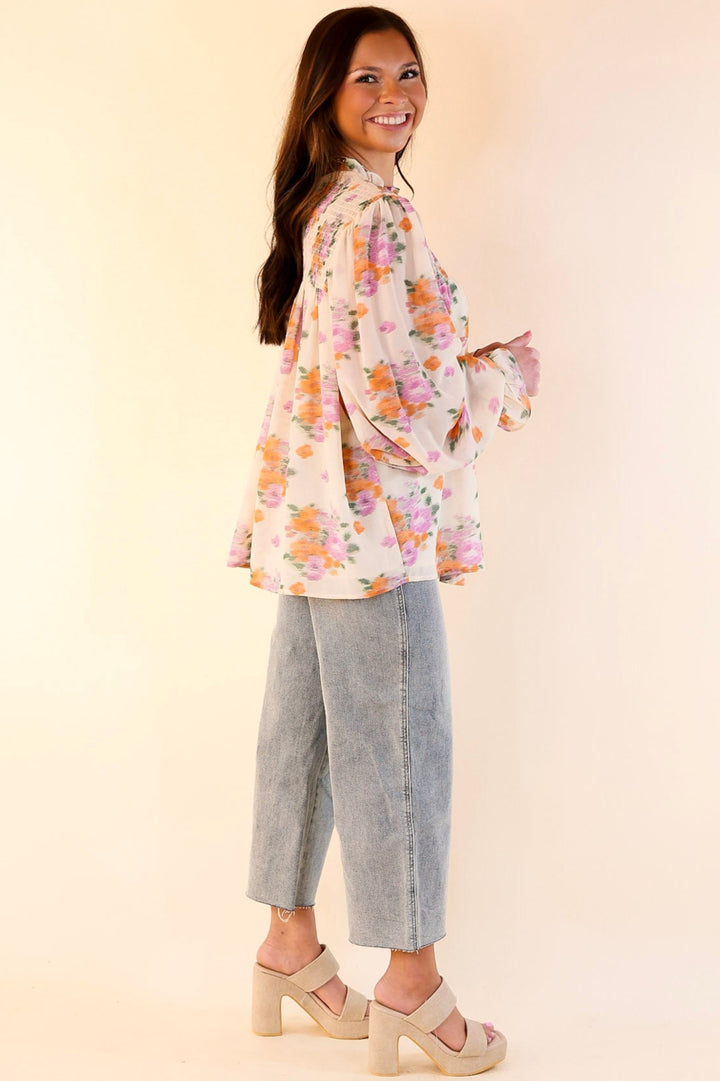 Garden Glow Watercolor Floral Print Blouse with High Neckline in Ivory