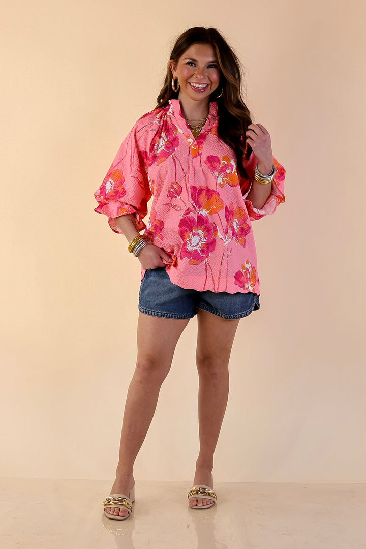Petal Perfect Floral Print Textured Puff Sleeve Top with Ruffle Split Neckline in Pink Mix