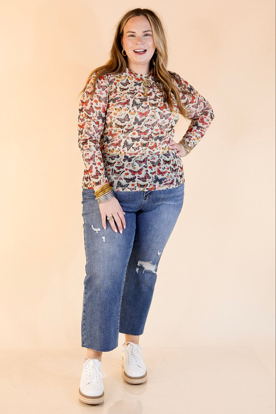 In Full Flutter Butterfly Mesh Top in Cream