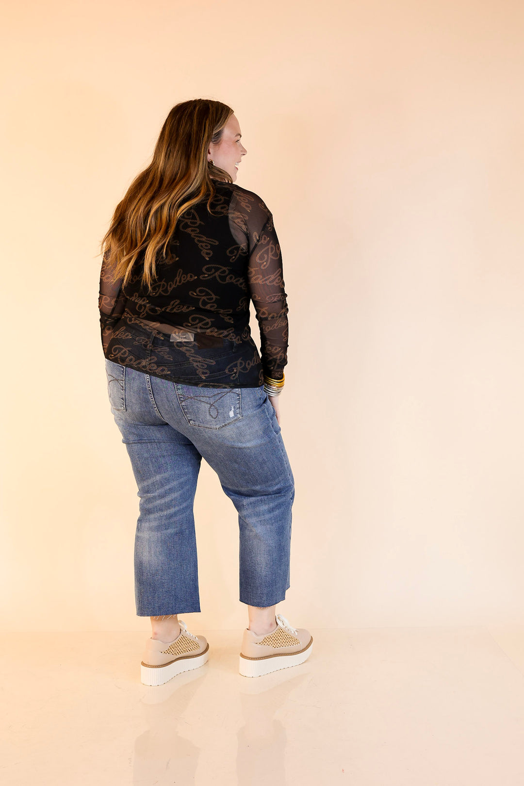 Light Layer Rodeo Western Script Print Mesh Long Sleeve Top in Black