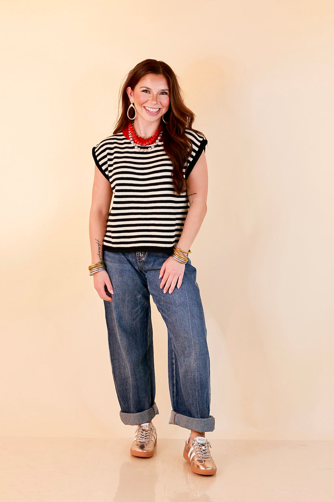 Worth the Hype Red Trim Crew Neck Stripe Sweater Knit Top in Black and Ivory