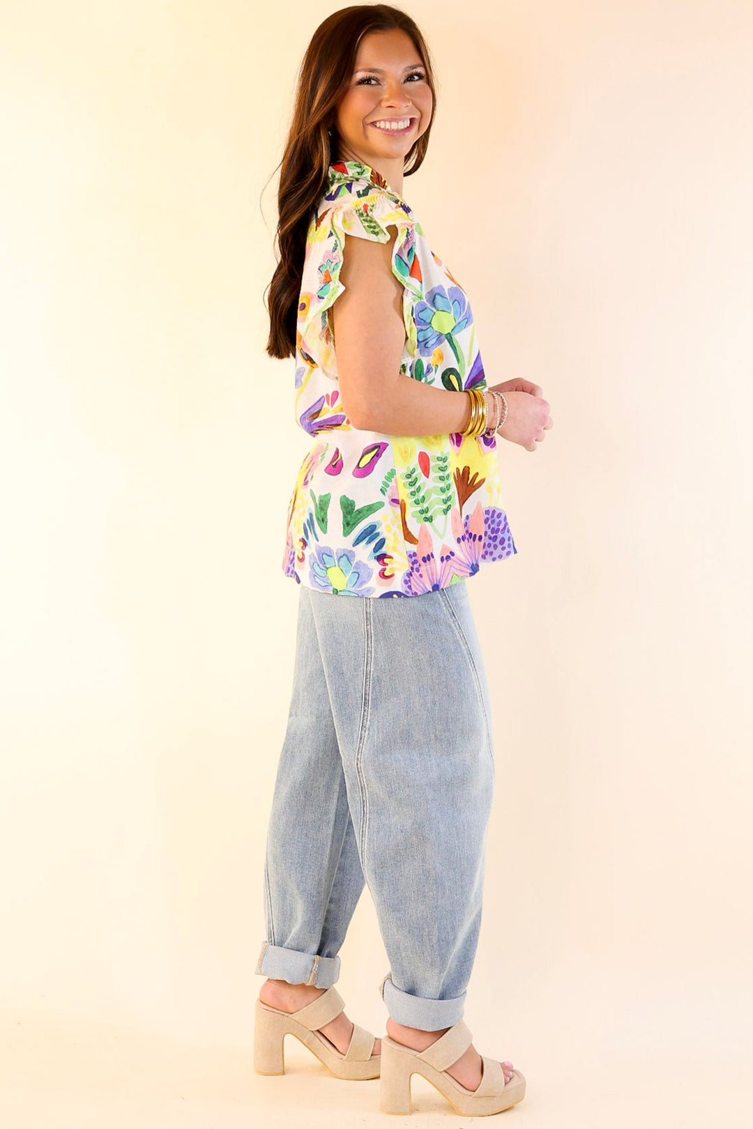 Island Escape Floral Print Top with Ruffle Cap Sleeves and Notched Neckline in Green Mix