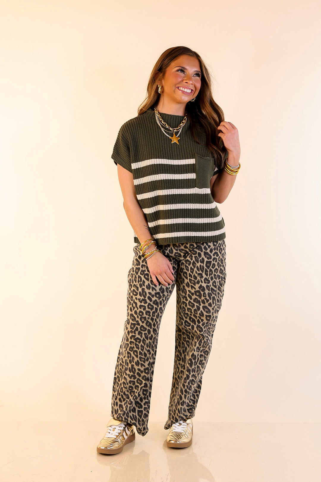 Repeat Worthy Striped Cap Sleeve Cropped Sweater with Front Pocket in Olive Green