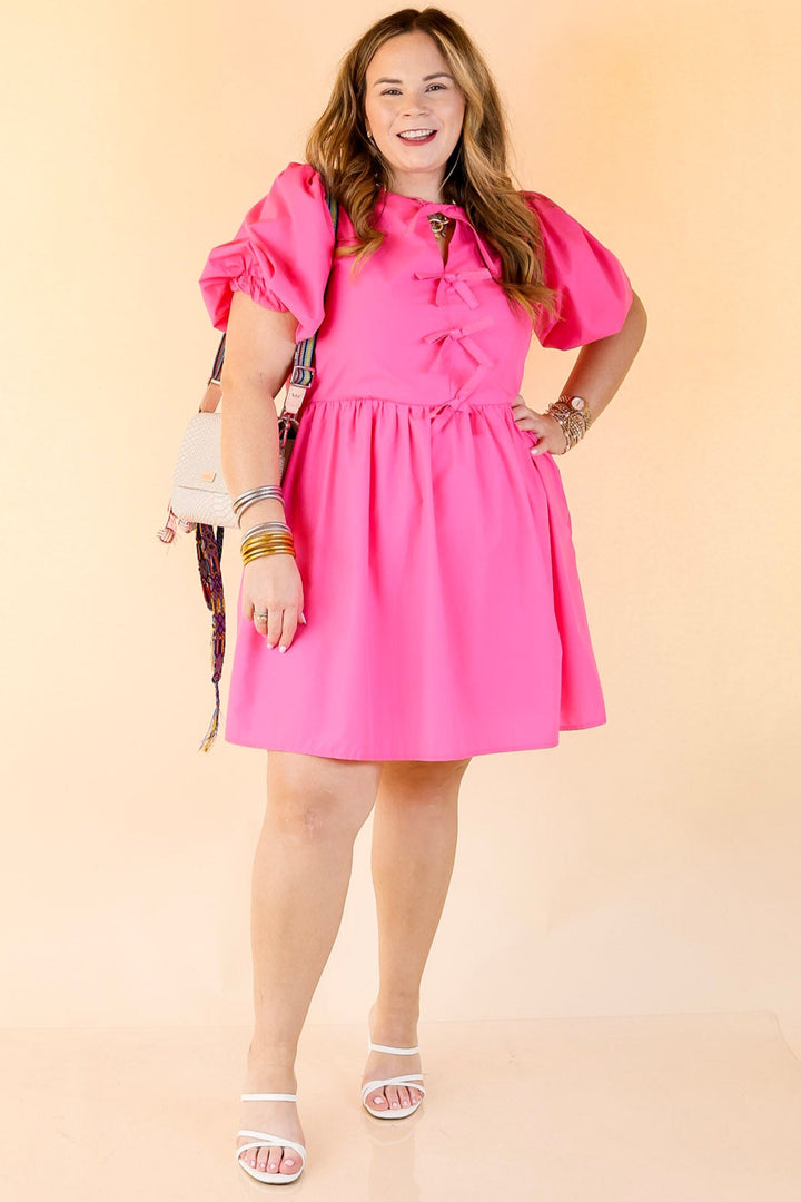 Short and Sweet Dress with Short Puff Sleeves and Bows in Hot Pink