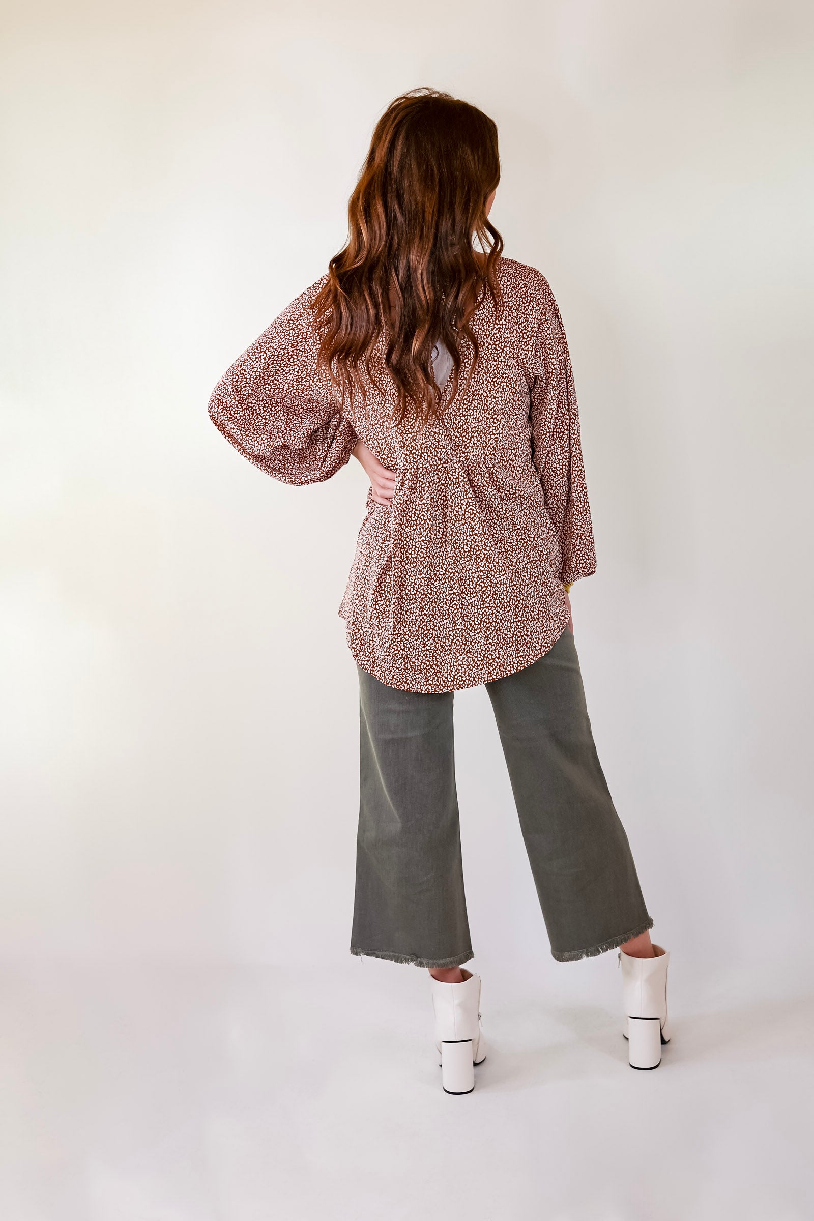 Really Dreamy Small Leopard Print Babydoll Top with Long Sleeves in Brown - Giddy Up Glamour Boutique