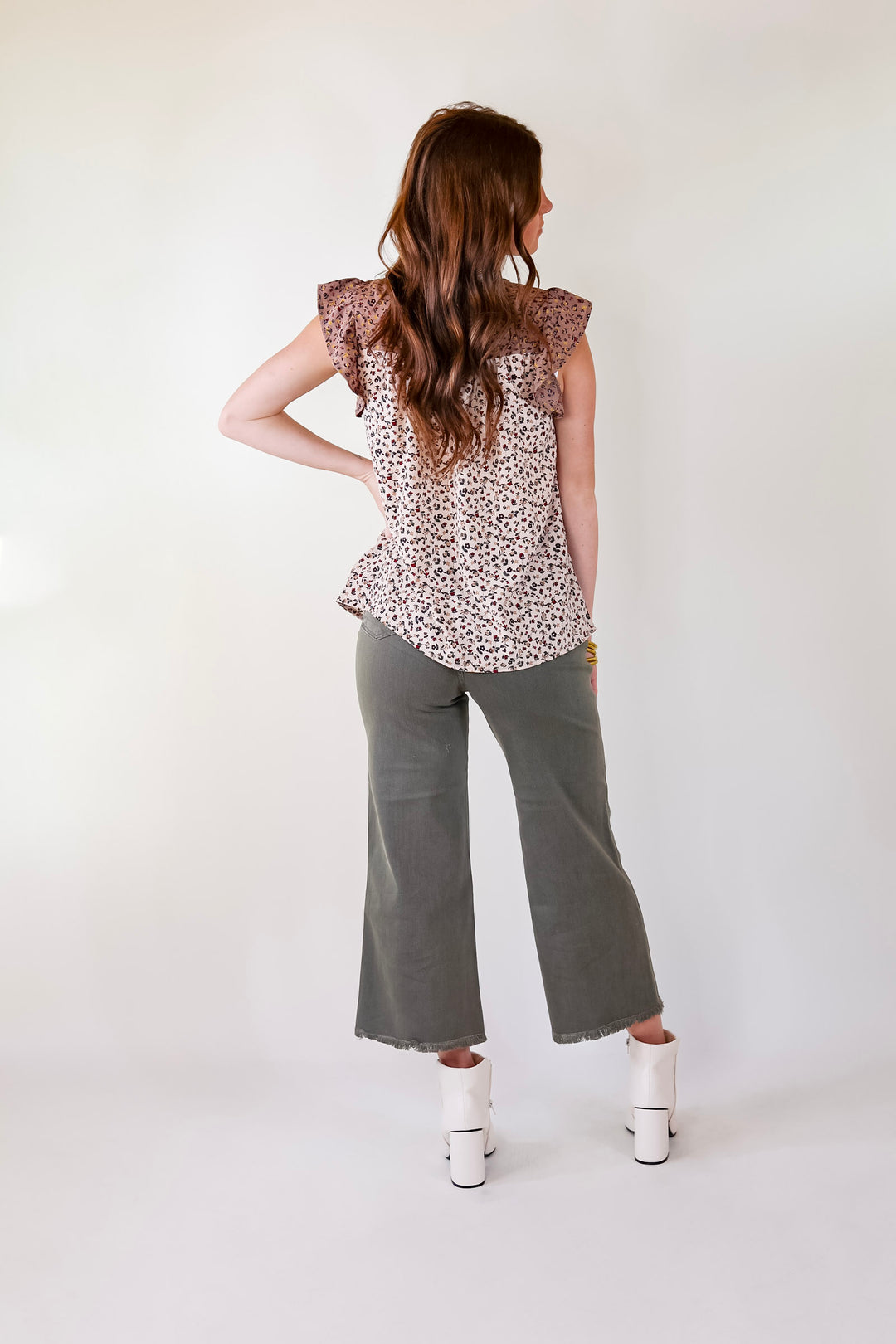 Stick Around Floral Print Top with Ruffle Cap Sleeves in Beige Mix - Giddy Up Glamour Boutique