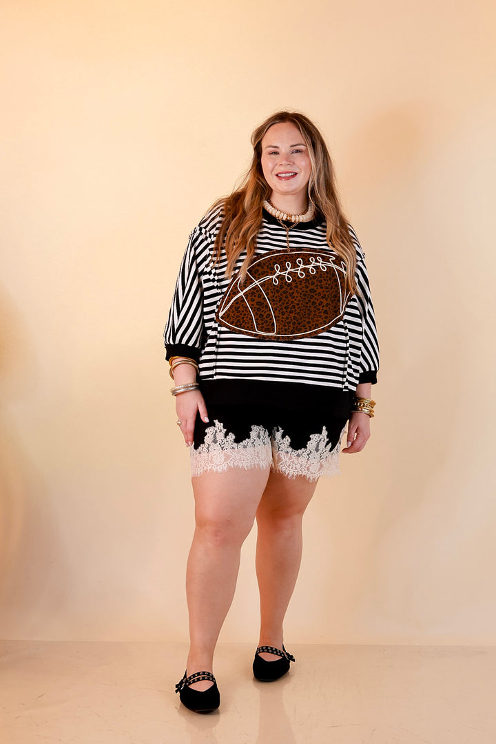 Put Me In, Coach Leopard Football Appliqué Oversized Graphic Striped Top in Black and Ivory