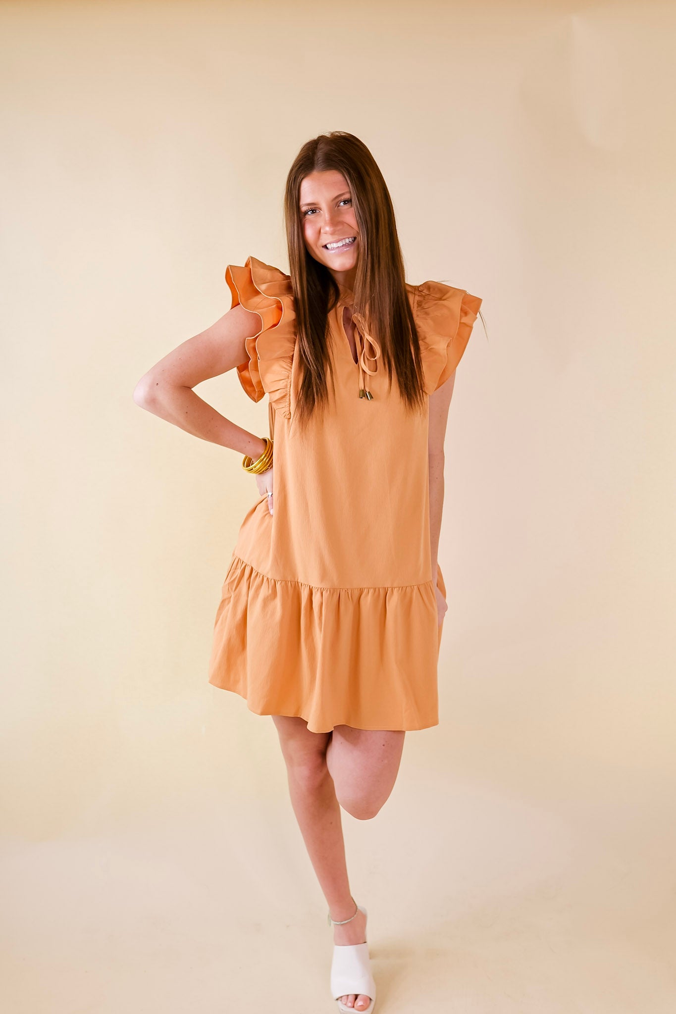 Powerful Love Ruffle Cap Sleeve Dress with Keyhole and Tie Neckline in Sunset Orange - Giddy Up Glamour Boutique