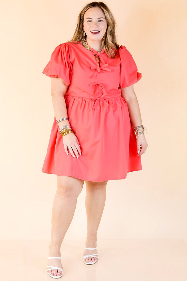 Short and Sweet Dress with Short Puff Sleeves and Bows in Coral Orange