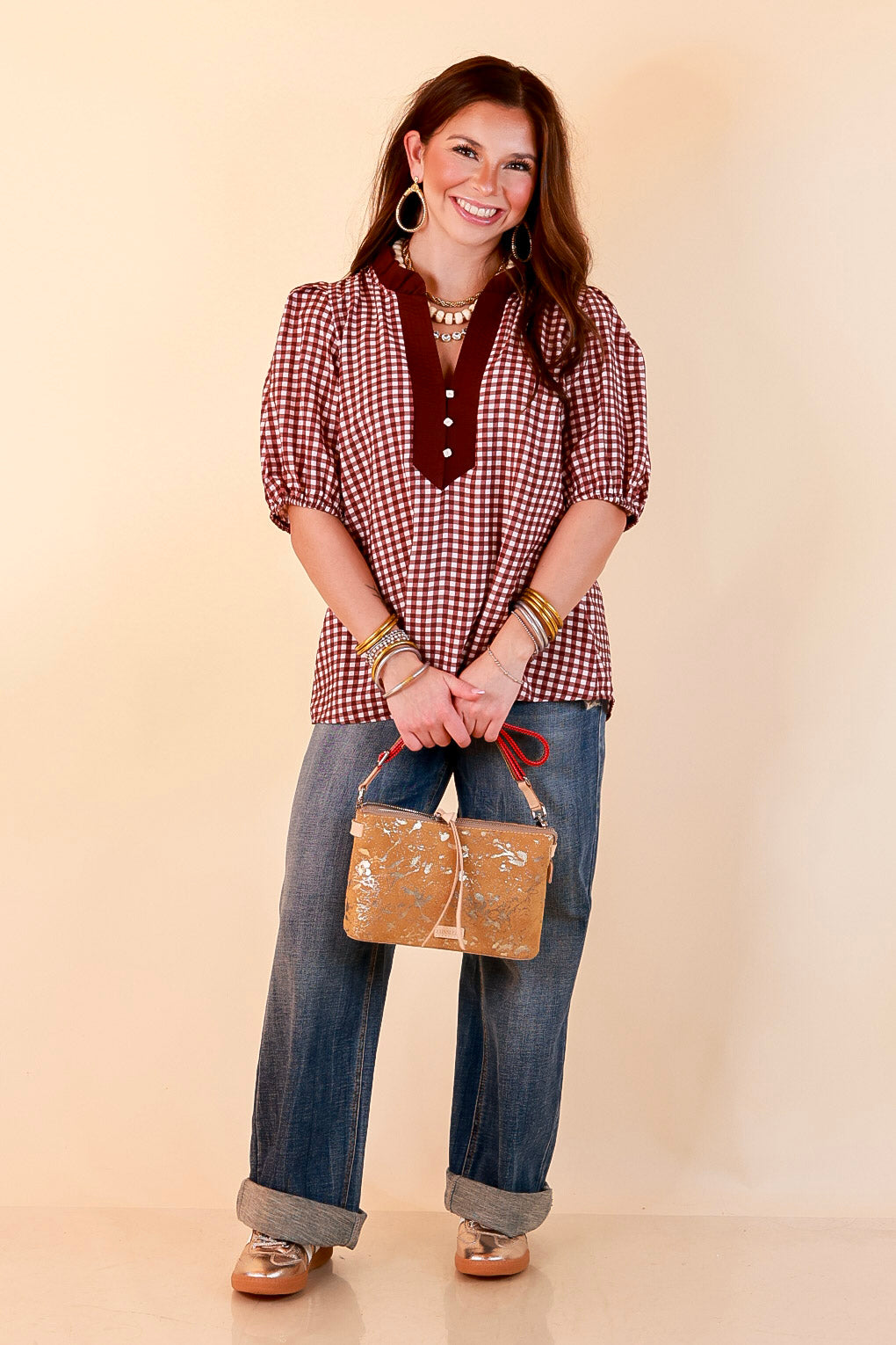 Check the Agenda Contrast V-Neck Button Detail Gingham Puff Sleeve Top in Maroon and Ivory