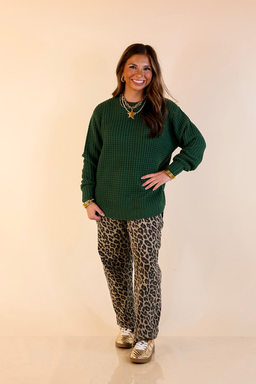 Cool Day Classic Scoop Neck Long Sleeve Large Waffle Knit Sweater in Forest Green