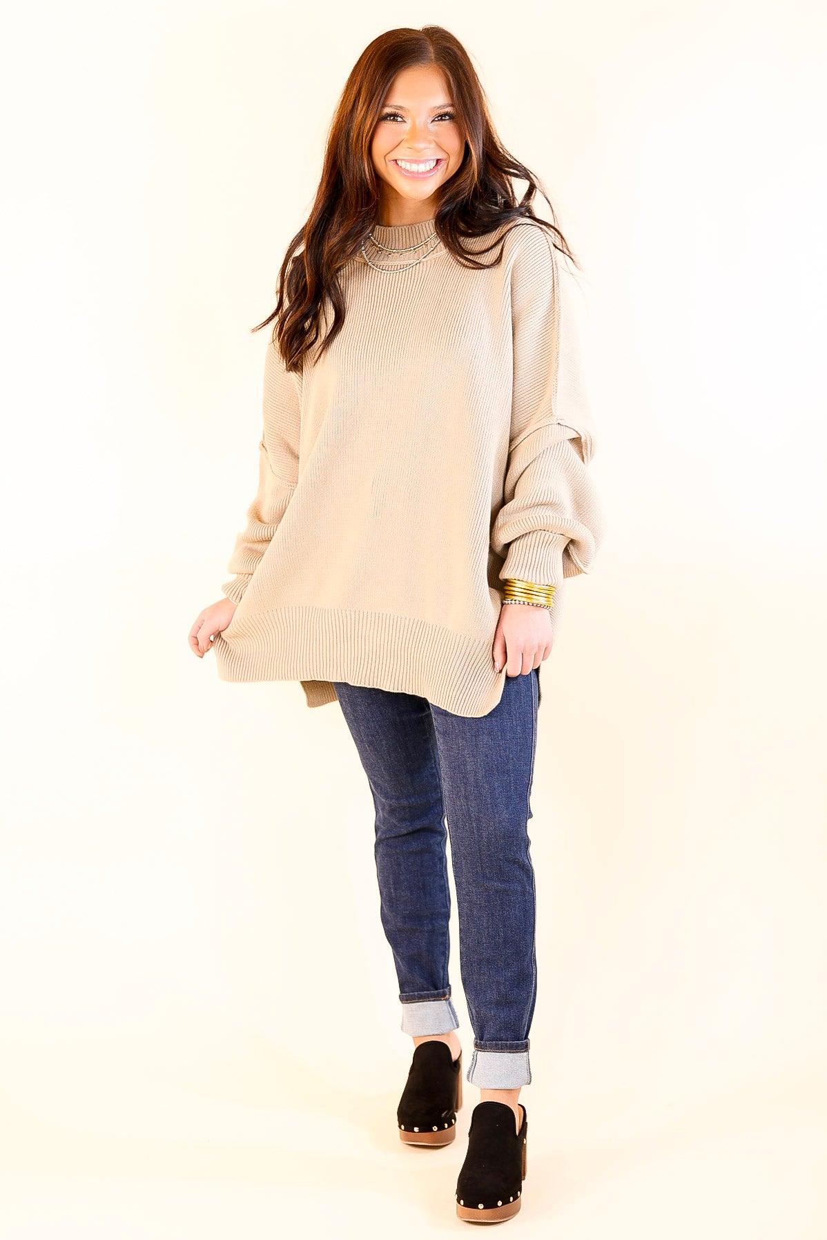 Snug and Stylish Mock Neck Sweater with Side Slit in Light Mocha Brown